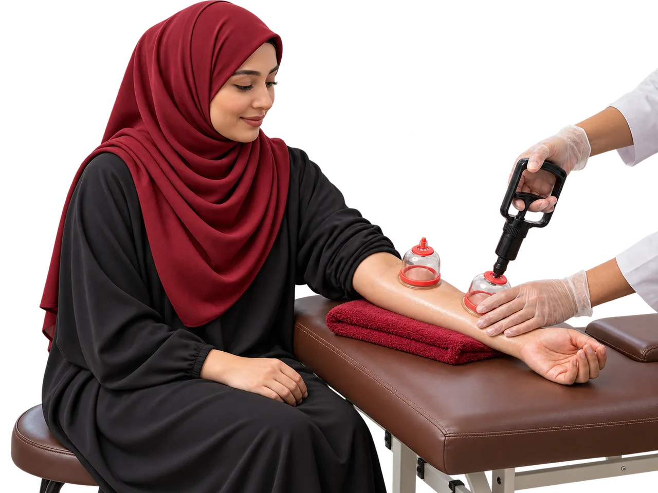 Forearm dry cupping Woman in a red hijab receiving forearm dry cupping from a gloved clinician.