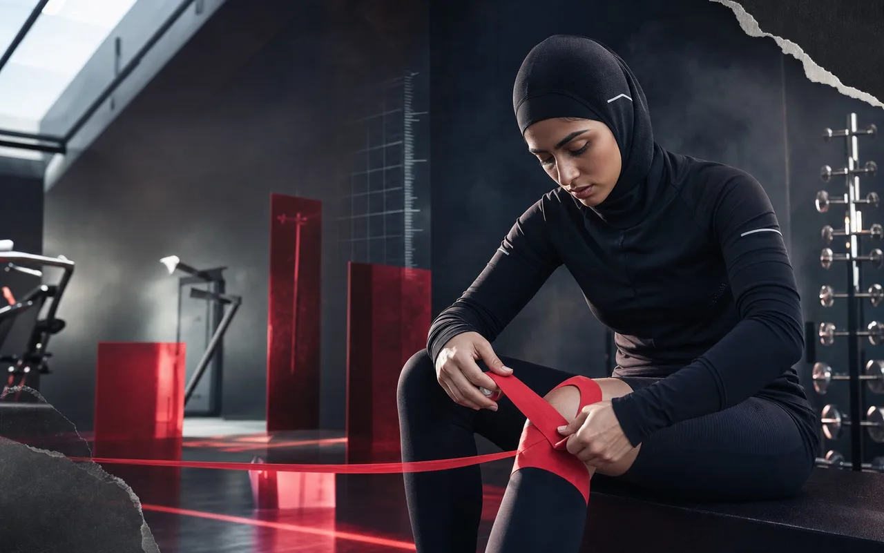 Pakistani female athlete preparing her knee with sports tape in a rehabilitation studio