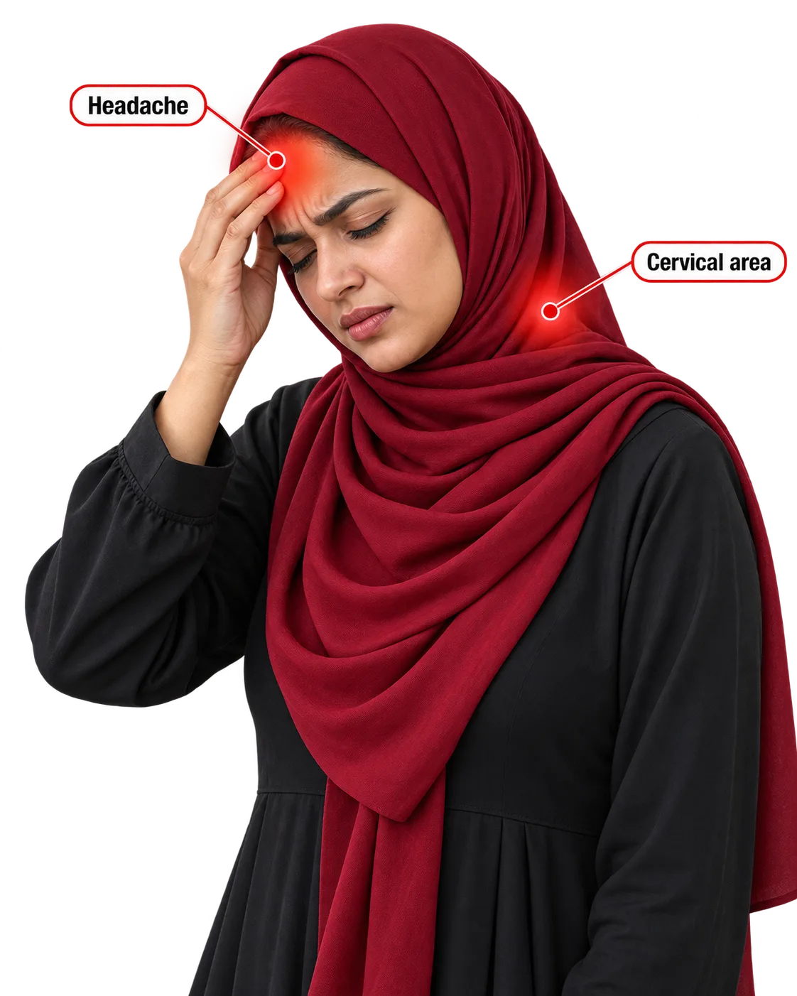 Illustration: a woman in a red hijab holding her forehead with a headache, with the neck highlighted