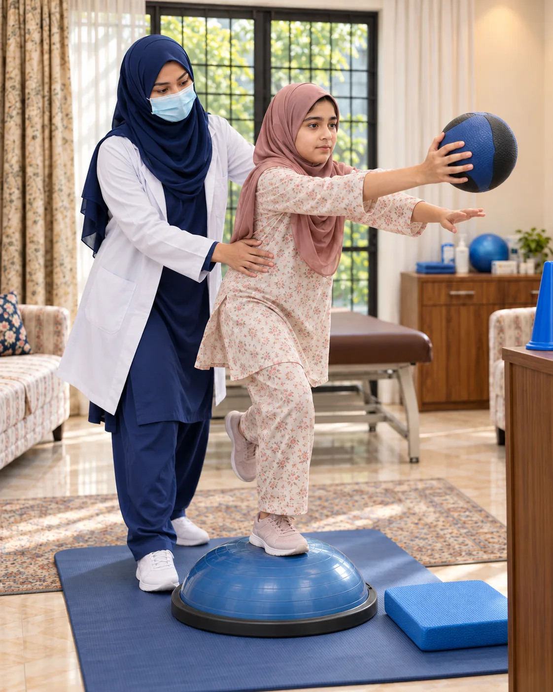 A child with a female physiotherapist during a play-based session, illustrating support for acquired brain injury.