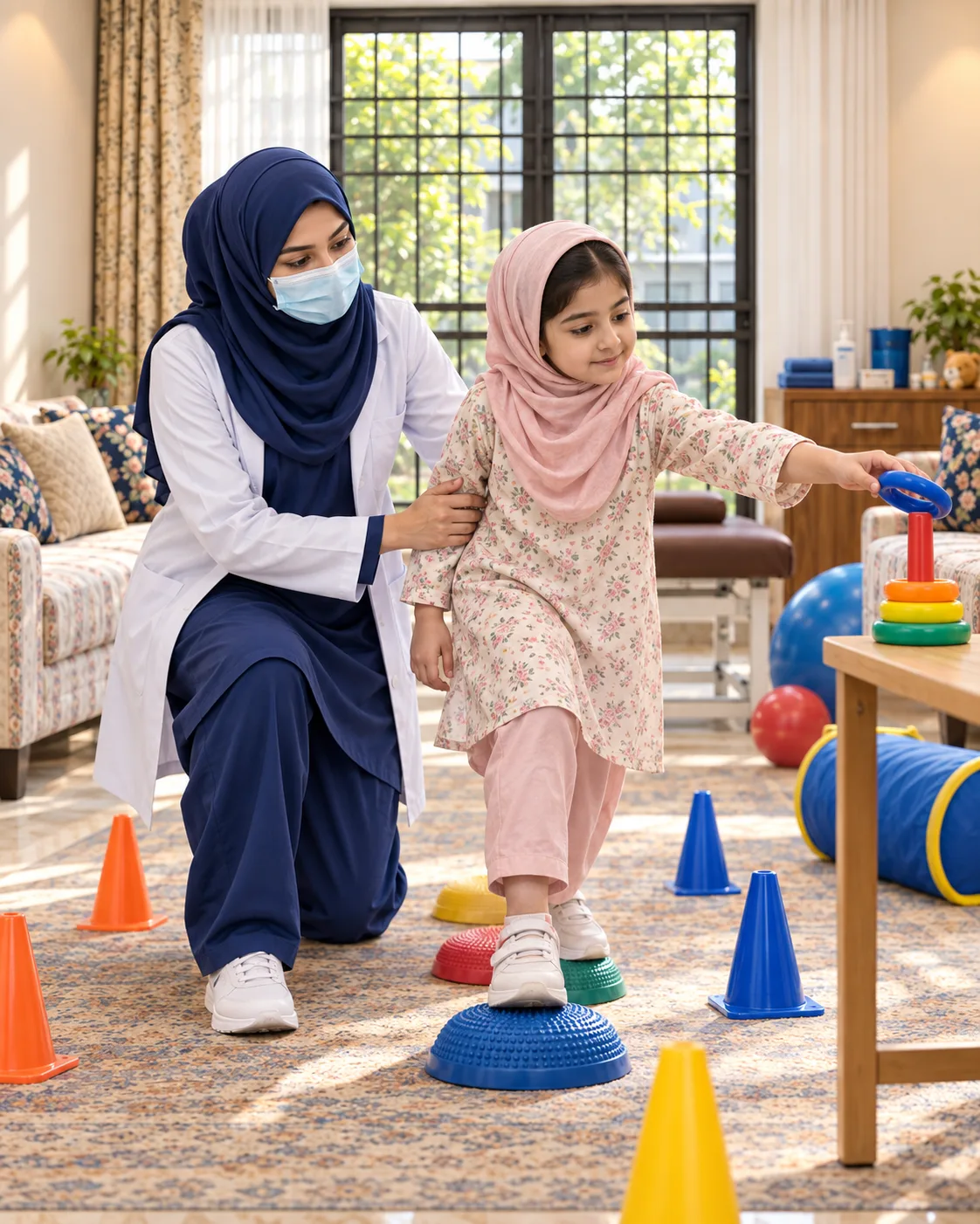 A child with a female physiotherapist during a play-based session, illustrating support for childhood stroke rehabilitation.