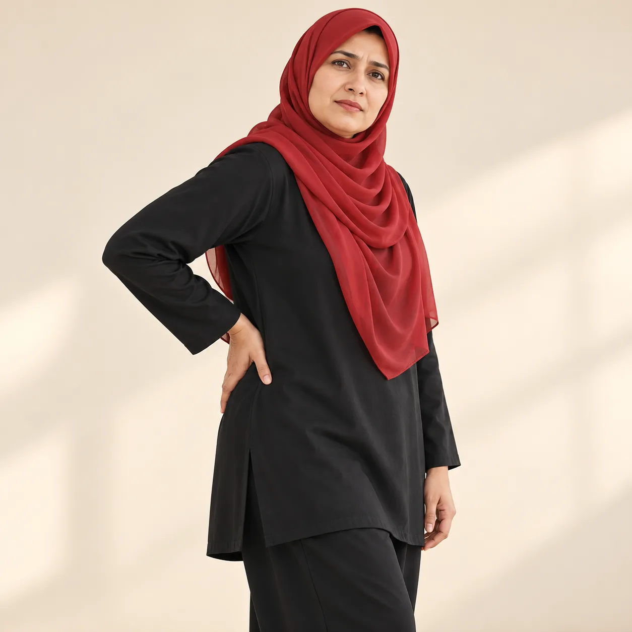 AI-generated Pakistani woman in a red hijab and loose black clothes, standing with one hand on the outside of her right hip.