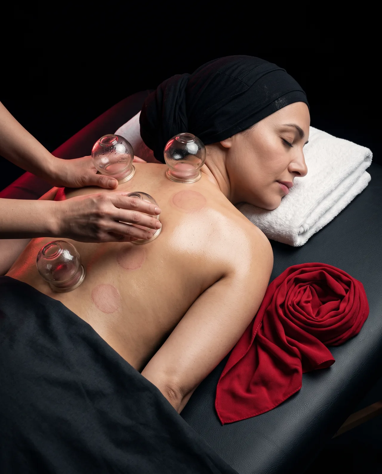 Dry cupping therapy being provided on a woman’s upper back in a private physiotherapy setting