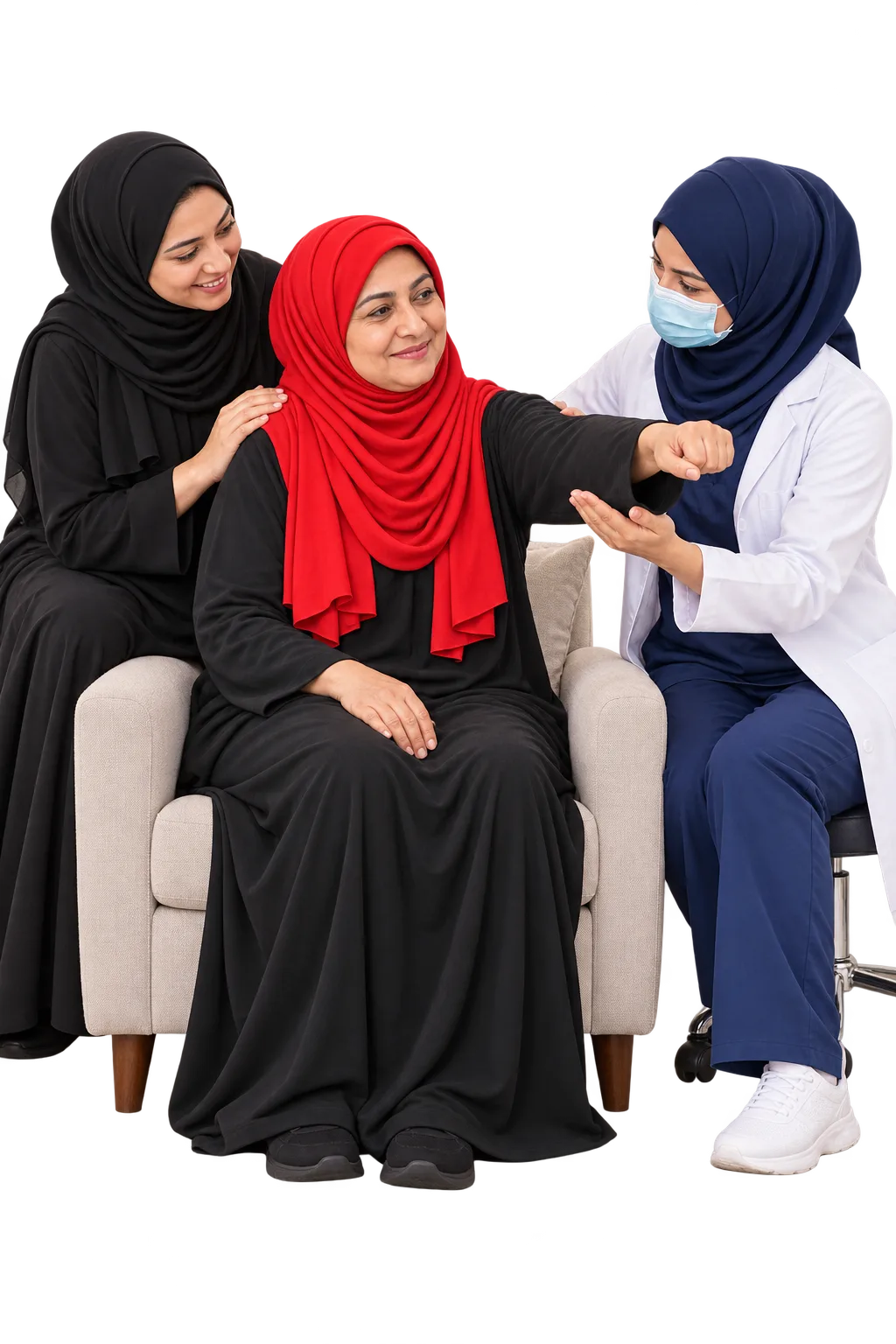 A woman in a red hijab in an armchair with her daughter beside her and a female physiotherapist showing an arm exercise