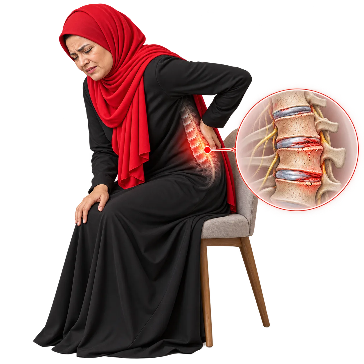 A woman in a red hijab holding her lower back, with a spine overlay showing thinned, worn discs