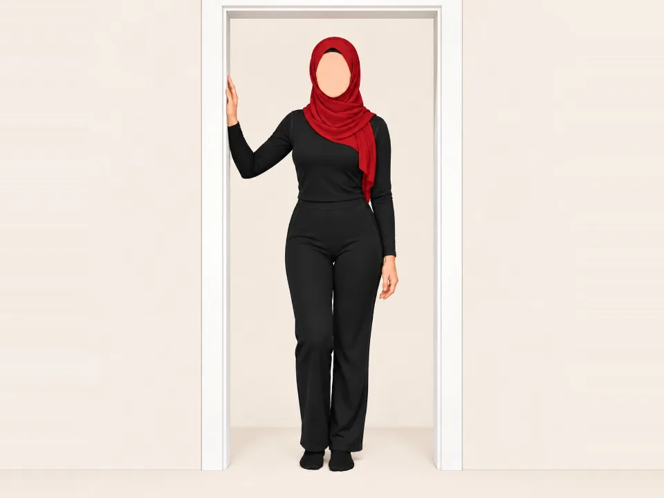 Woman in a red hijab standing in a doorway with her forearm on the frame, stepping forward to stretch across her chest.