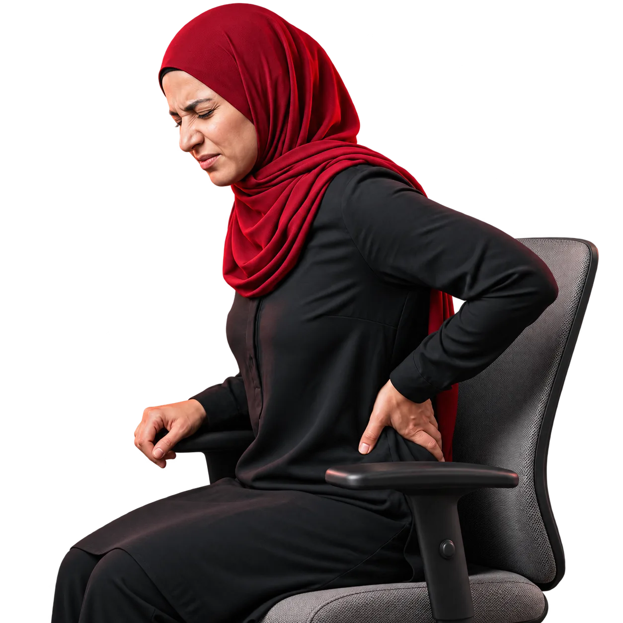 A woman in a red hijab and black modest clothing sits in an office chair with one hand on her lower back, wincing with back pain