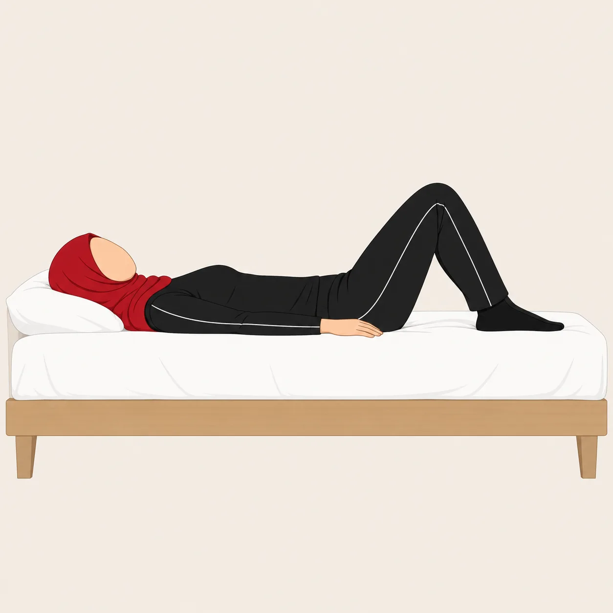 Woman in a red hijab lying in bed with knees together, rolling onto her side to get up.