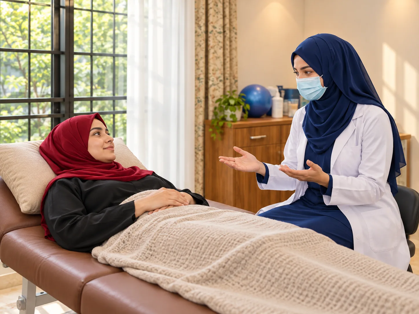 Illustrative image, not a real patient. A woman in a red hijab lies comfortably on a treatment couch under a blanket while a female physiotherapist in a navy hijab, white coat and face mask sits beside her with open hands, explaining the treatment before touching.