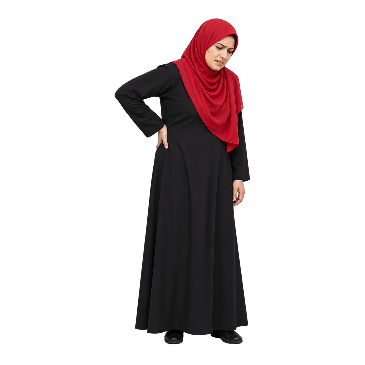 AI-generated Pakistani woman in a red hijab and modest black dress, standing evenly with a hand near the back of her pelvis and a pain expression.