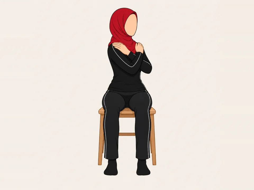 سرخ حجاب میں خاتون کرسی پر بازو سینے پر رکھے دھڑ ایک طرف موڑ رہی ہیں۔
