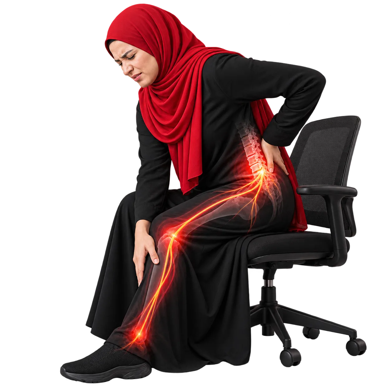 A woman in a red hijab holding her lower back, with a red line of nerve pain running down her leg
