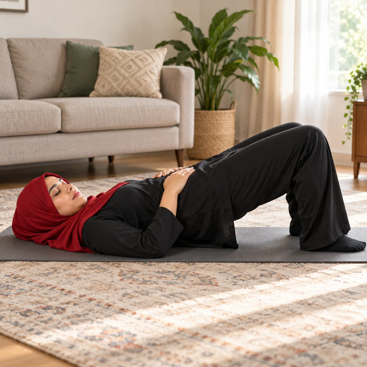 Illustrative image, not a real patient. A woman doing a gentle bridge on a mat in her living room with a hand on her abdomen, an exercise that can be repeated at home.