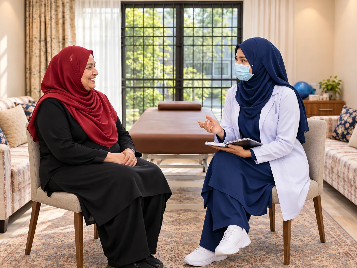 Illustrative image, not a real patient. A smiling woman of about fifty in a red hijab sits talking with a female physiotherapist in a navy hijab, white coat and face mask who holds a notebook, in a warm, private clinic room.