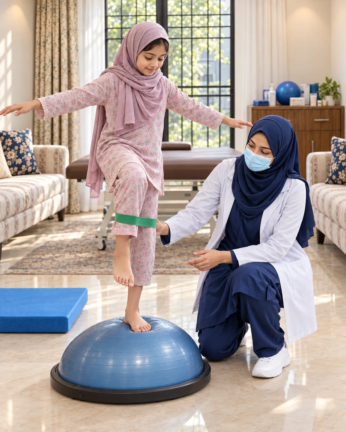 A child with a female physiotherapist during a play-based session, illustrating support for symptomatic flat feet.