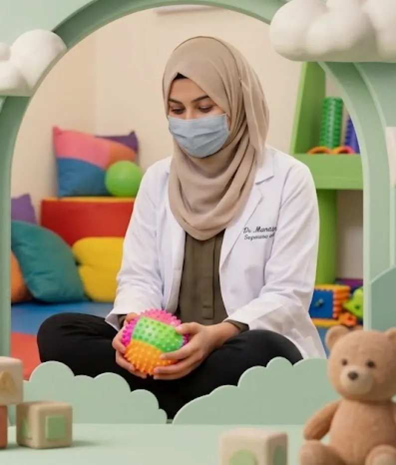 Dr. Munaza in a white coat and hijab, seated on a play mat holding a textured sensory ball, with colourful toys behind her.