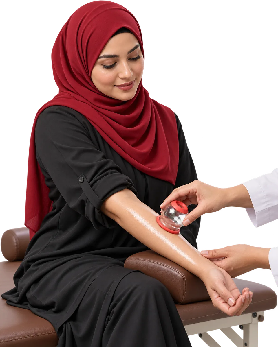Forearm cupping technique Clinician holding a transparent cup against a seated woman’s forearm.