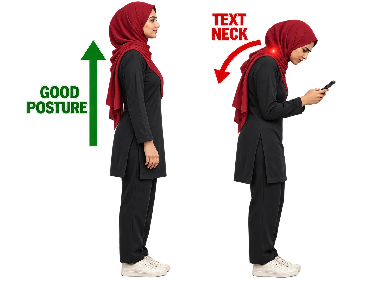 Illustration: a woman in a red hijab standing tall (good posture) beside the same woman looking down at a phone with her head forward (text neck)