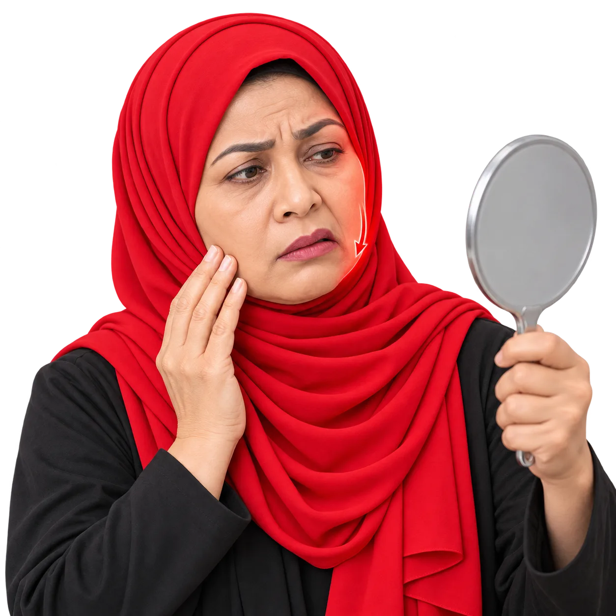 A woman in a red hijab looking into a hand mirror, one side of her face drooping