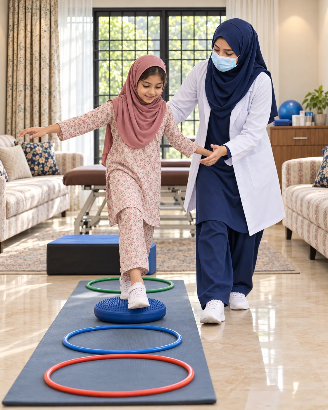 A child with a female physiotherapist during a play-based session, illustrating support for recovery after meningitis.