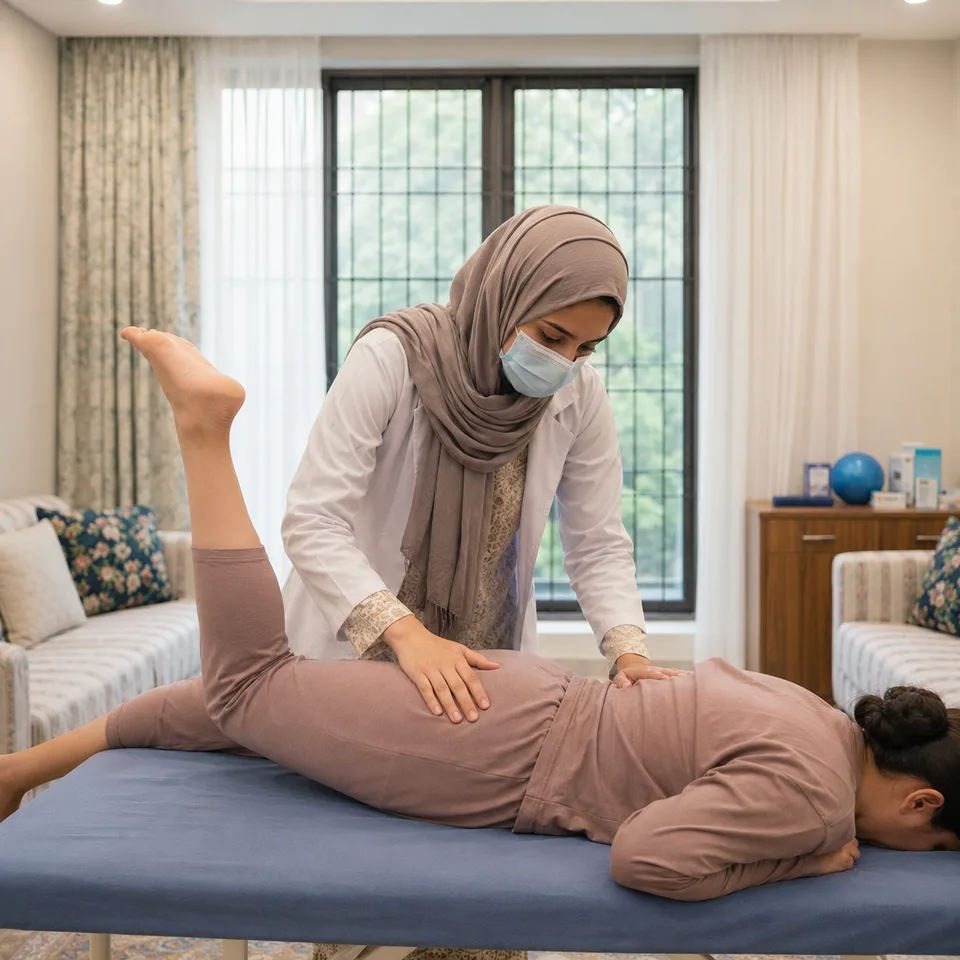Hijab-wearing physiotherapist assessing a patient's lower back while raising the patient's leg during a prone examination