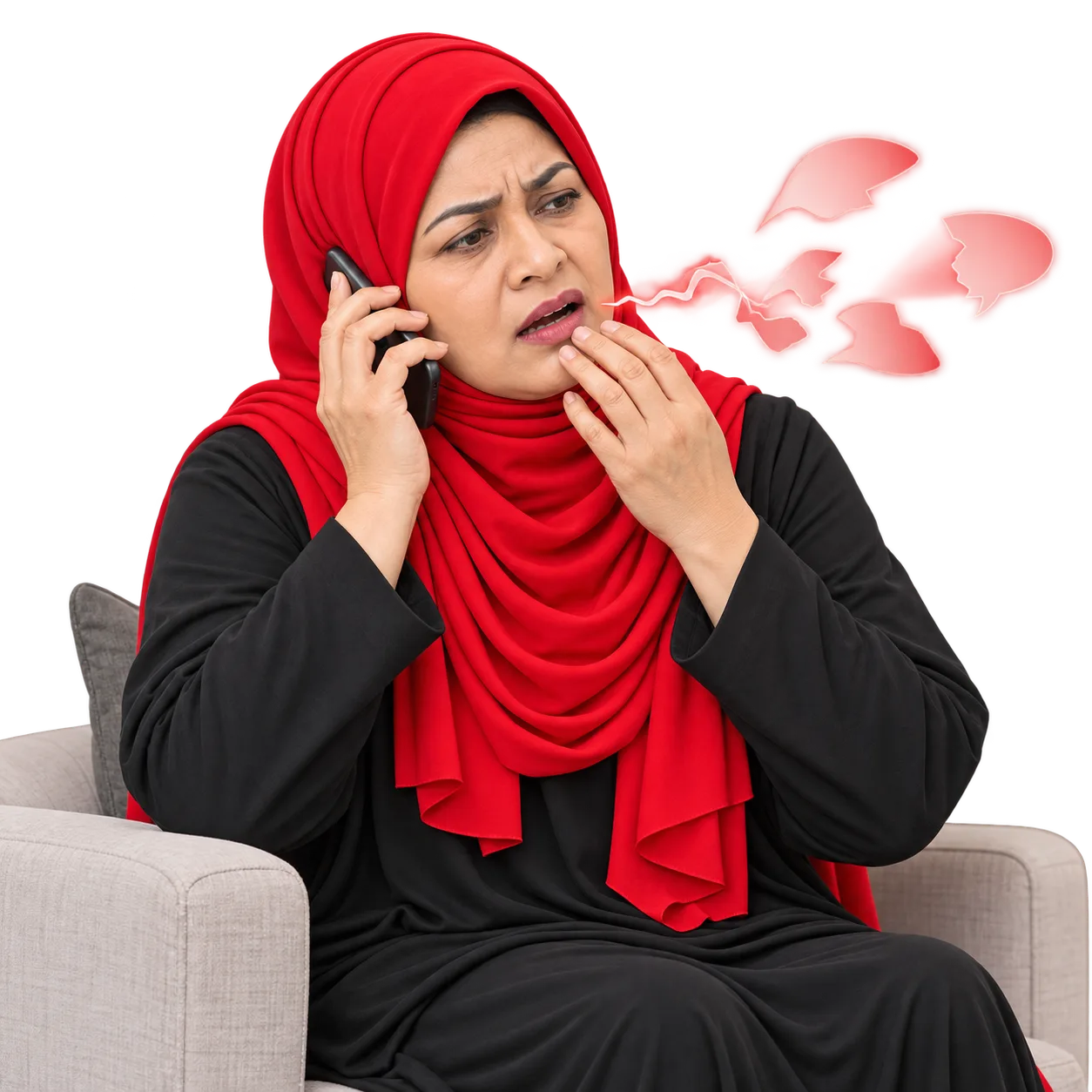A woman in a red hijab on the phone, struggling to get her words out