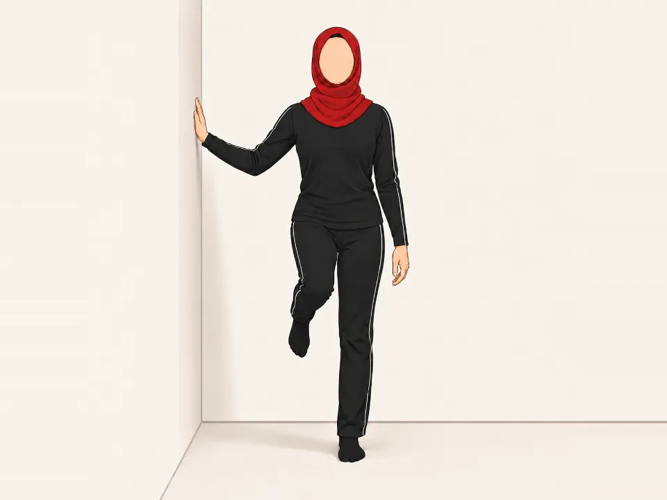 Woman in a red hijab standing on one leg beside a wall, balancing with a soft knee.