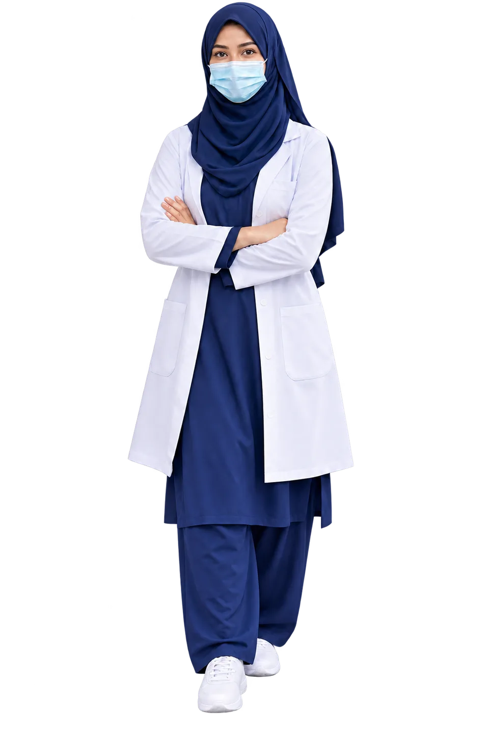 Dr. Munaza Ghani, a masked Pakistani Muslim physiotherapist in modest navy attire.