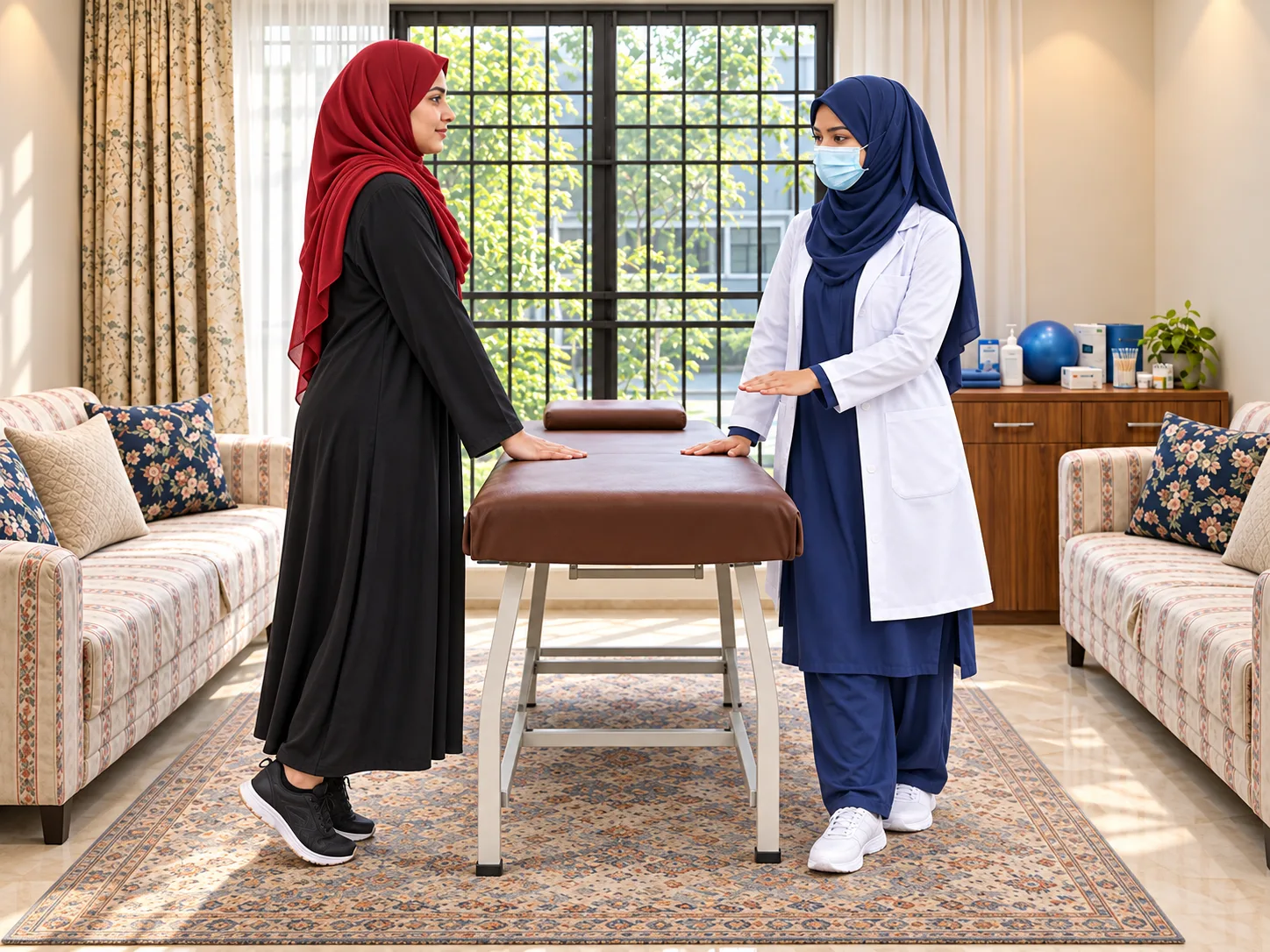 Illustrative supported heel raises by a patient in a black dress and red hijab beside a female physiotherapist in the supplied clinic.