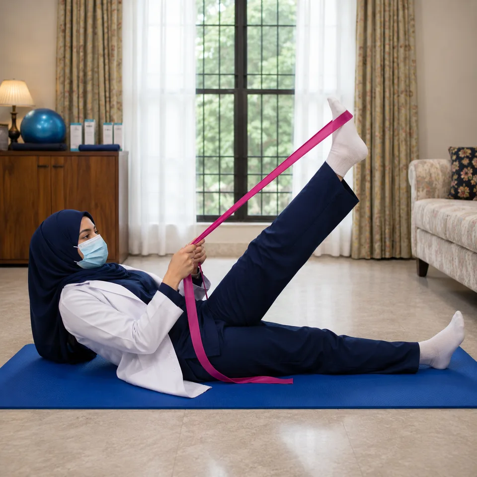 Woman using a stretching strap to raise her leg while lying on a mat, for lumbar disc-related pain relief