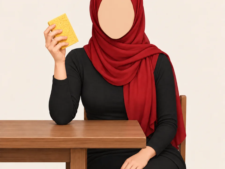 Woman in a red hijab sitting at a table squeezing a dry sponge in her hand.