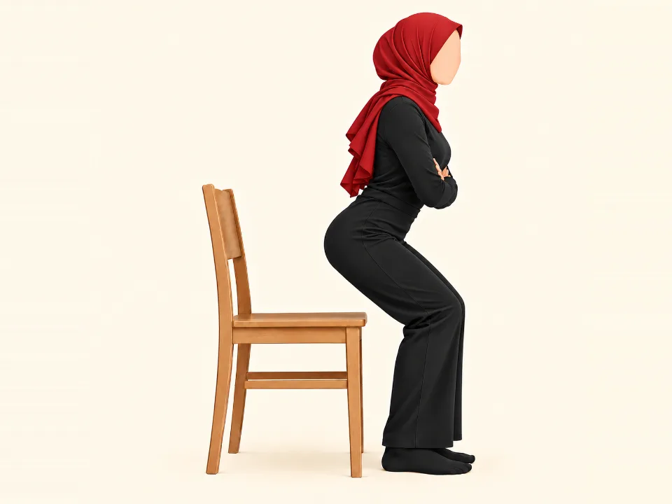 Woman in a red hijab standing up from a chair with her knees over her toes.