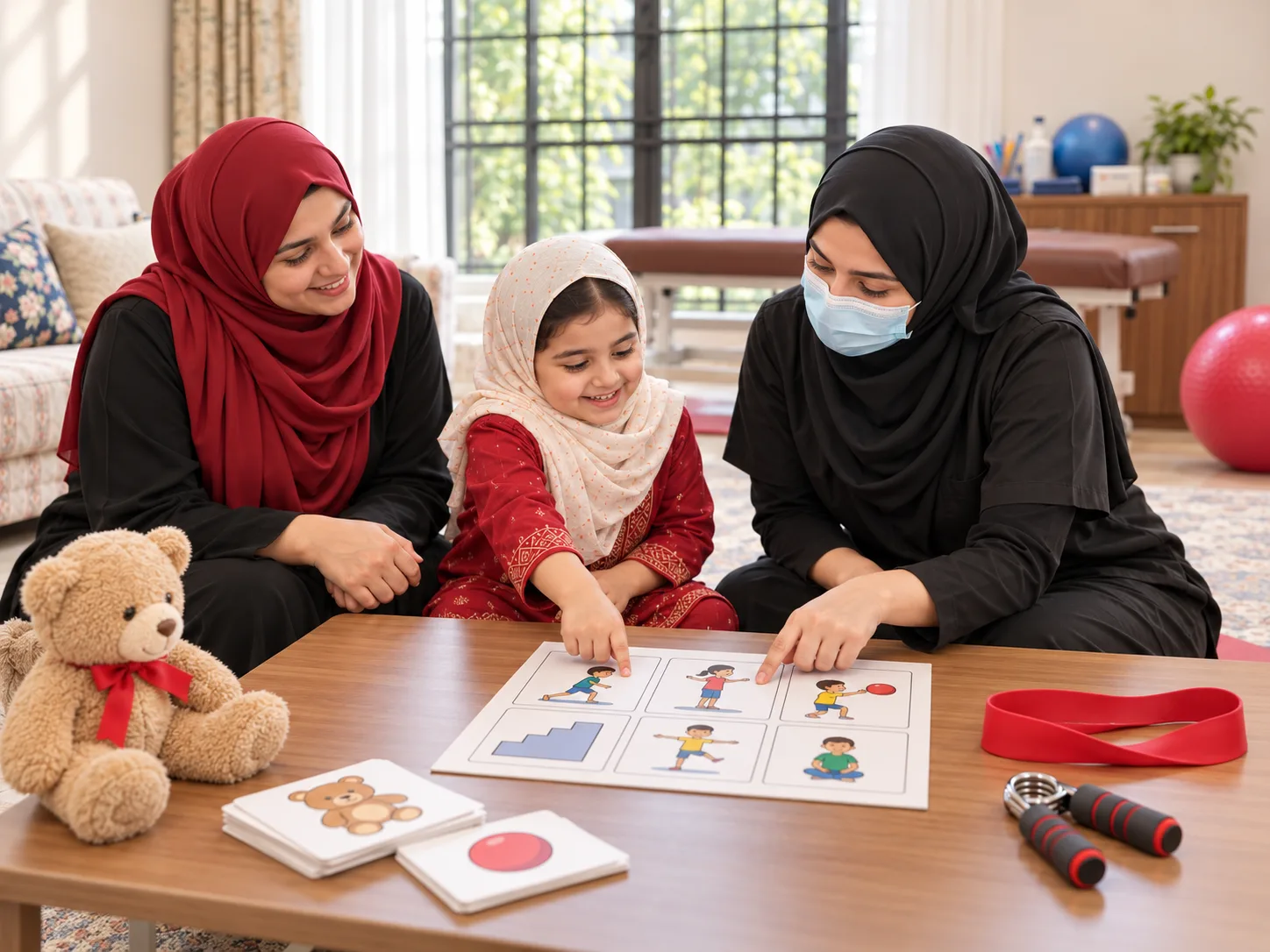 Illustrative image, not a real patient. A mother and a young girl sit with a female physiotherapist at a low table in a bright studio, looking at a simple picture goal chart together.