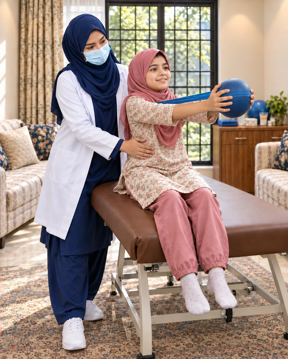 A child with a female physiotherapist during a play-based session, illustrating support for spinal cord injury rehabilitation.