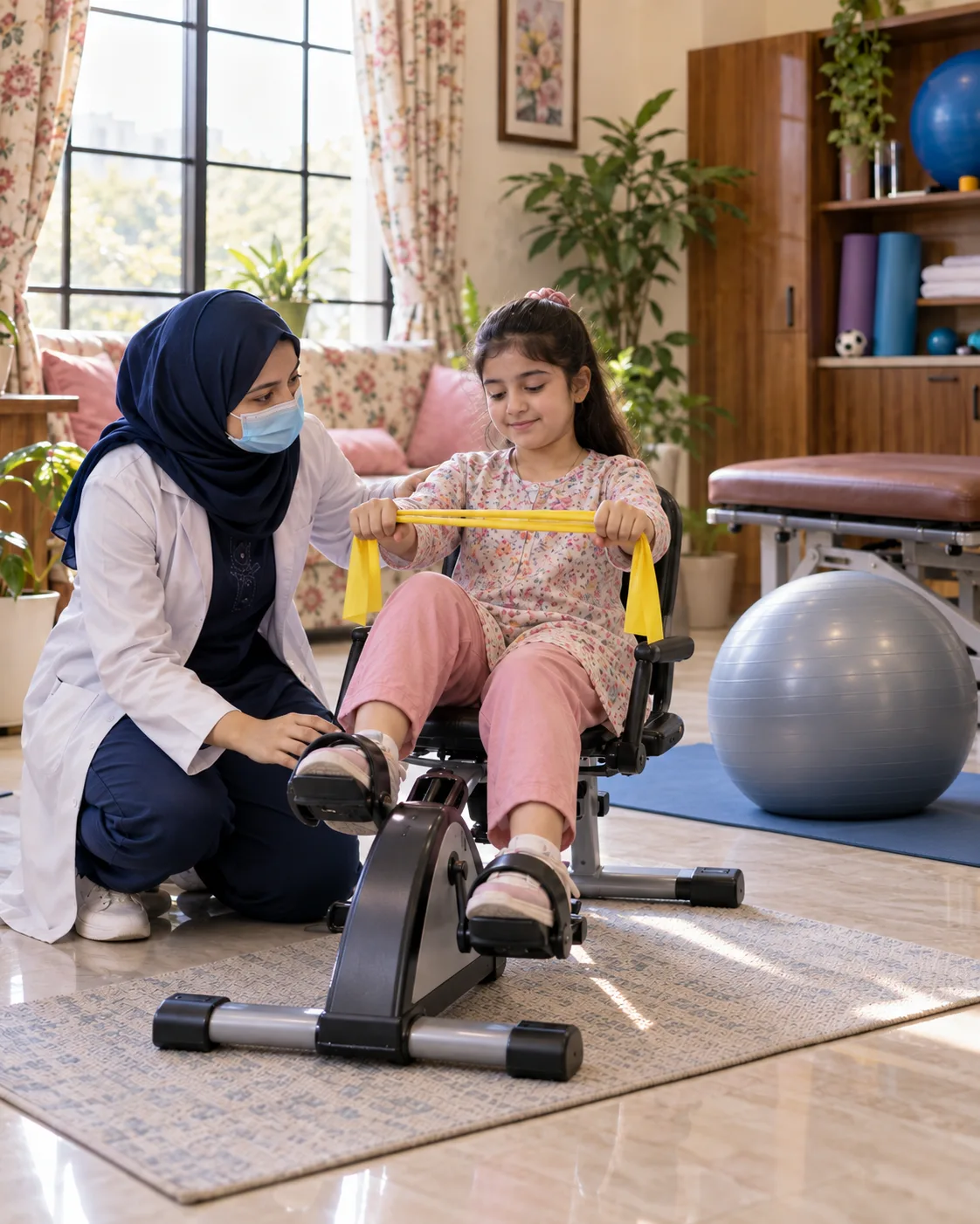 A child with a female physiotherapist during a play-based session, illustrating support for becker muscular dystrophy.