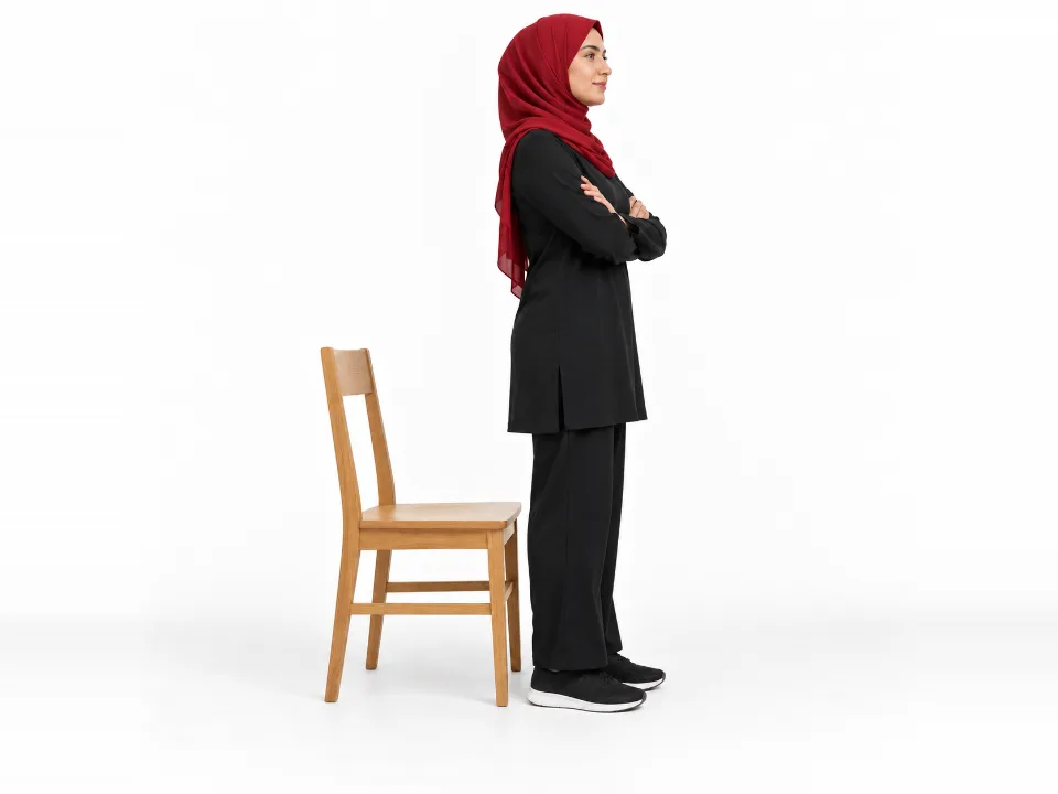 Illustrative image, not a real patient. A woman in a red hijab stands upright in front of a wooden chair with her arms crossed over her chest.