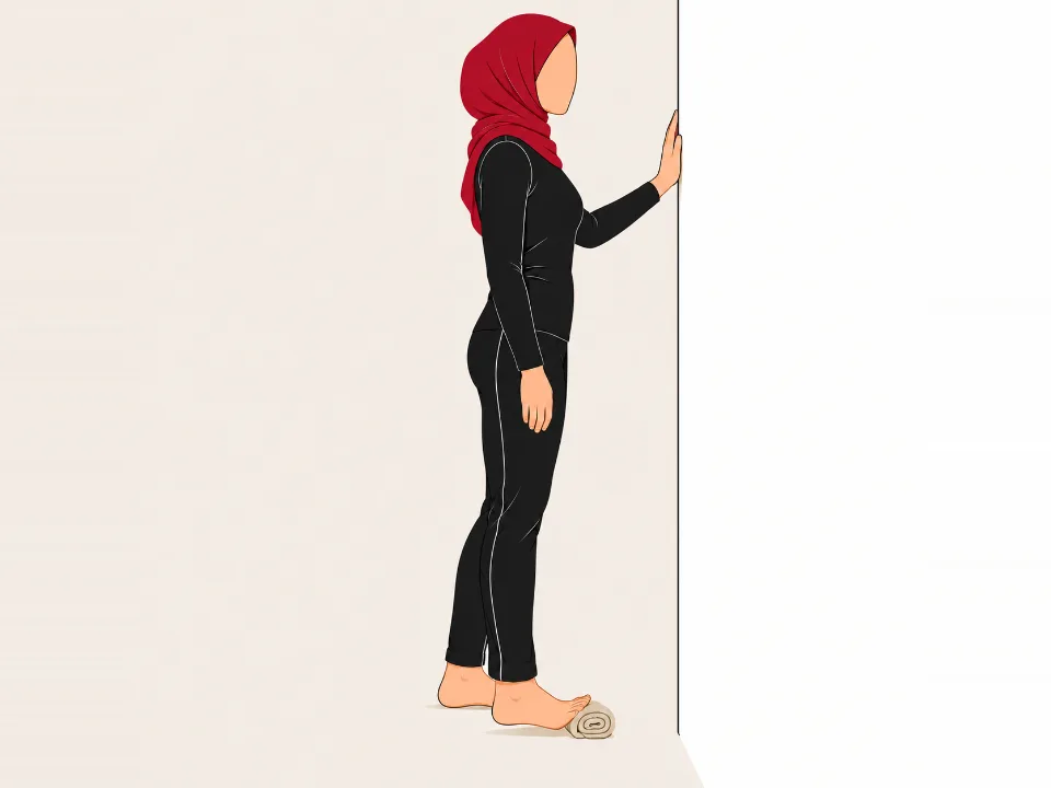 Woman in a red hijab standing holding a wall, rising onto the ball of one foot with her big toe lifted on a rolled towel.