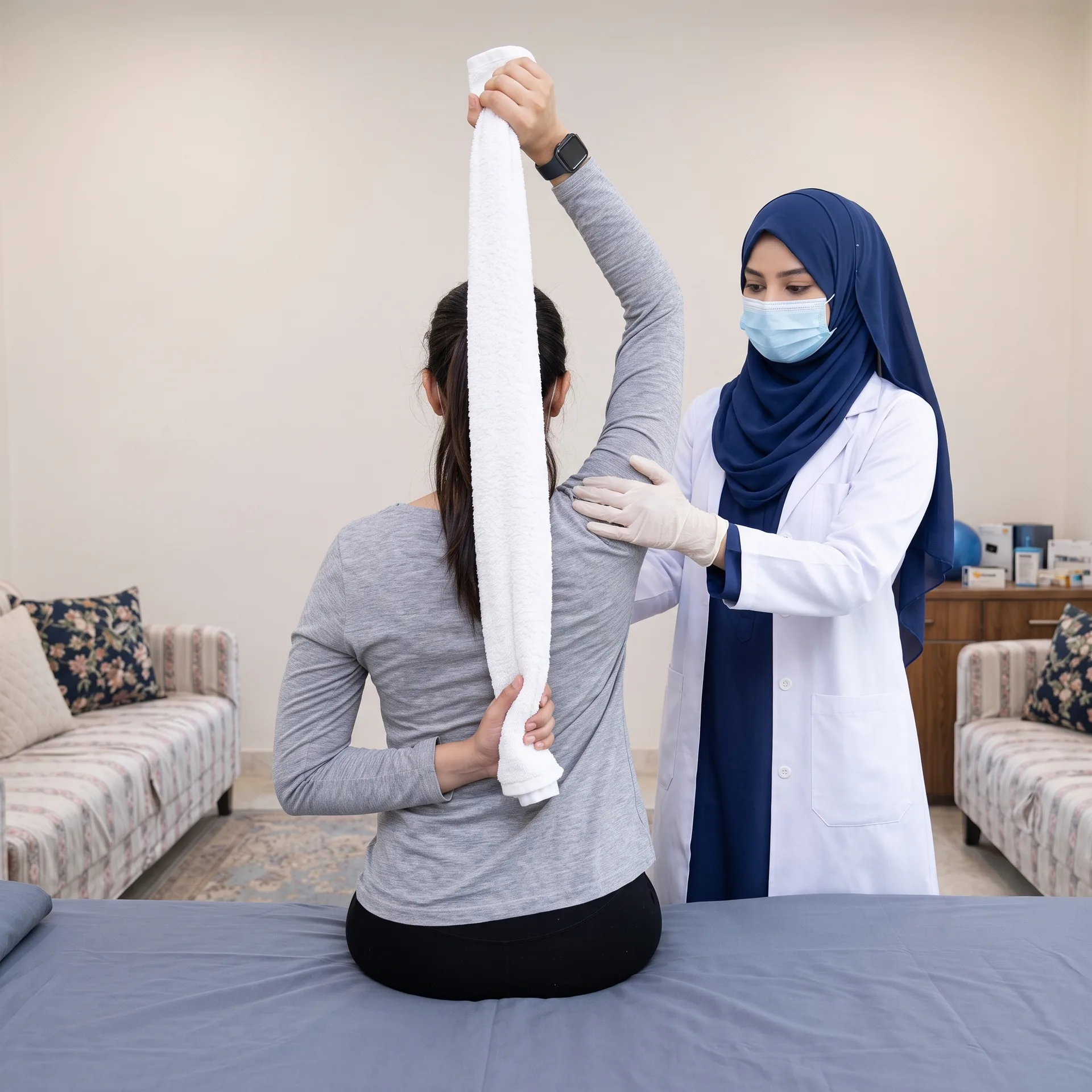 Physiotherapist guiding a patient through an overhead towel stretch for frozen shoulder