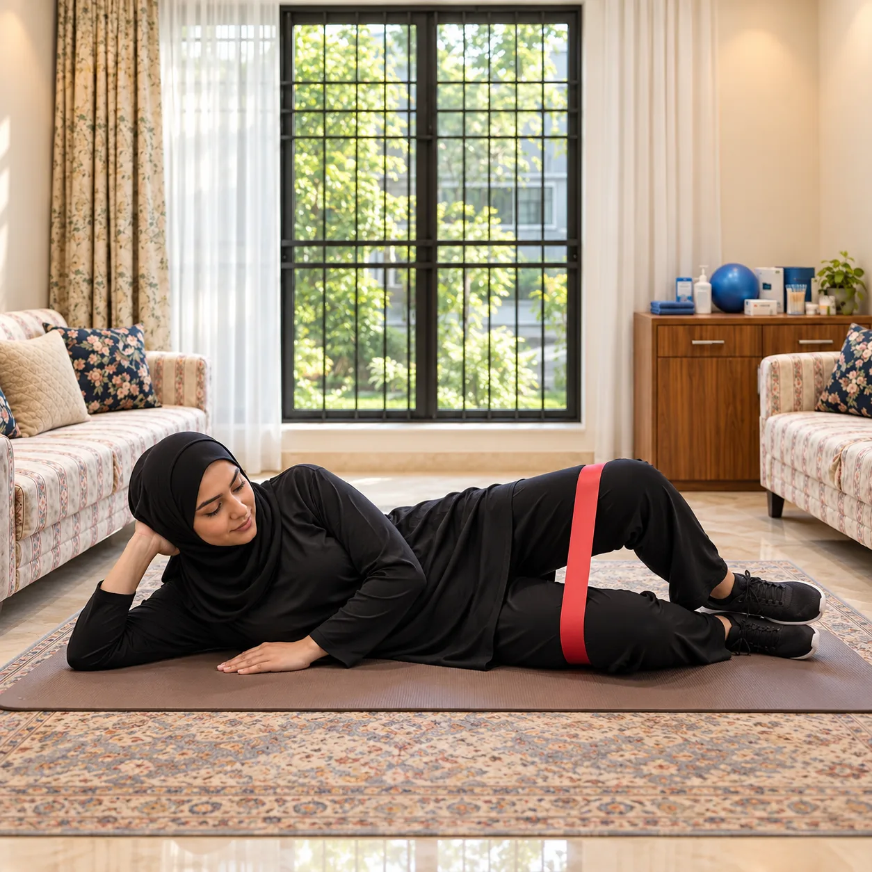 Illustrative image, not a real patient: a woman in a sports hijab doing a clamshell hip exercise with a resistance band.