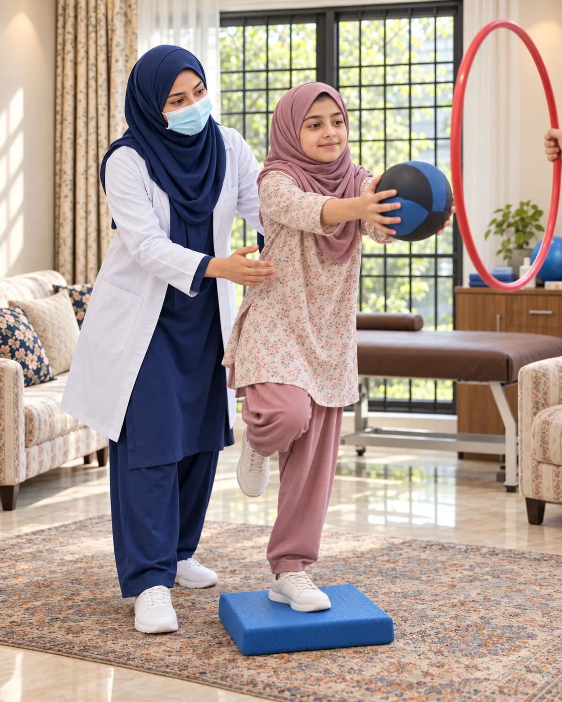 A child with a female physiotherapist during a play-based session, illustrating support for cavernous malformations: functional rehabilitation.