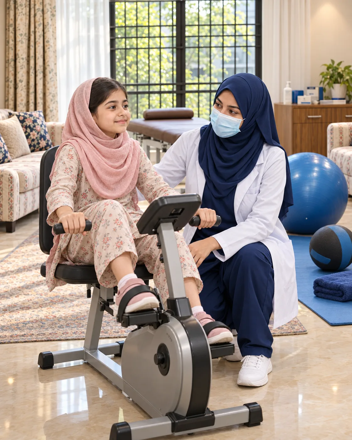 A child with a female physiotherapist during a play-based session, illustrating support for cystic fibrosis: physical activity support.