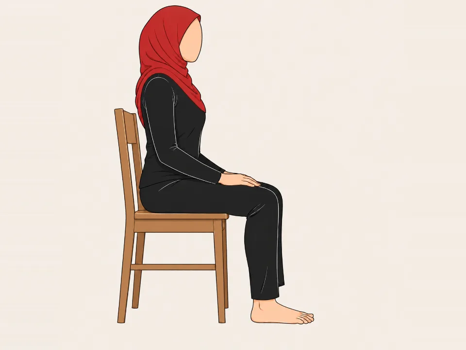 Woman in a red hijab sitting with her foot flat, lifting the arch of her foot without curling her toes.