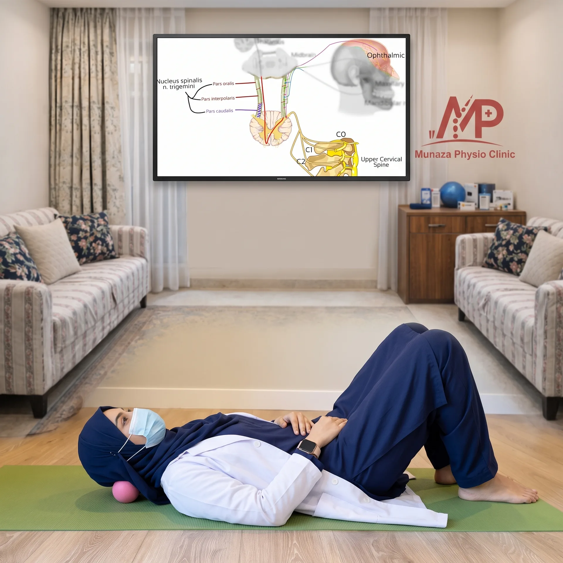 Woman using a massage ball under her neck for cervicogenic headache relief, with an anatomy diagram of the cervical nerve pathways shown behind her