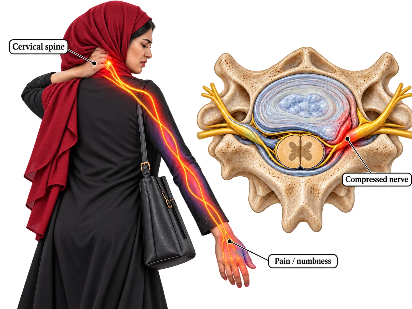 Illustration: pain travelling from the neck down a woman’s arm, with a diagram of an irritated nerve root