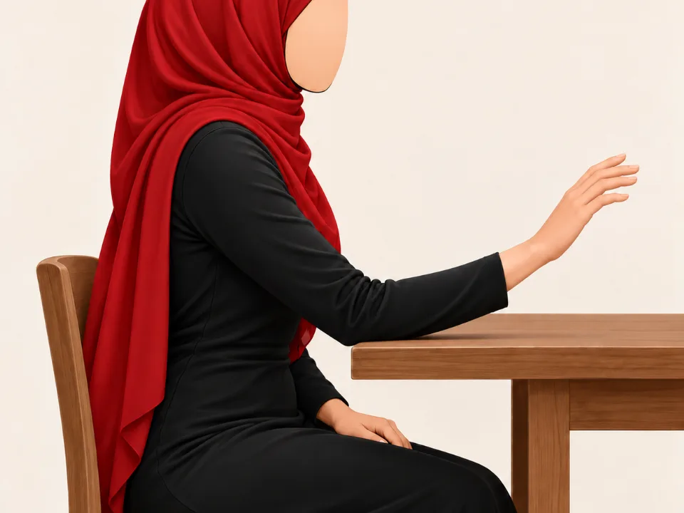 Woman in a red hijab resting her forearm on a table with her hand over the edge, bending her wrist up and down.