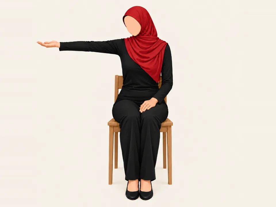 Woman in a red hijab with her arm out to the side, palm up, straightening her elbow as she tilts her head toward her hand.