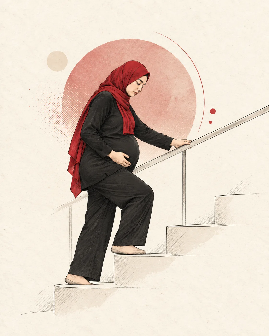 Illustration, not a real patient. A pregnant woman in a red hijab climbs a staircase one step at a time with a hand on the rail.