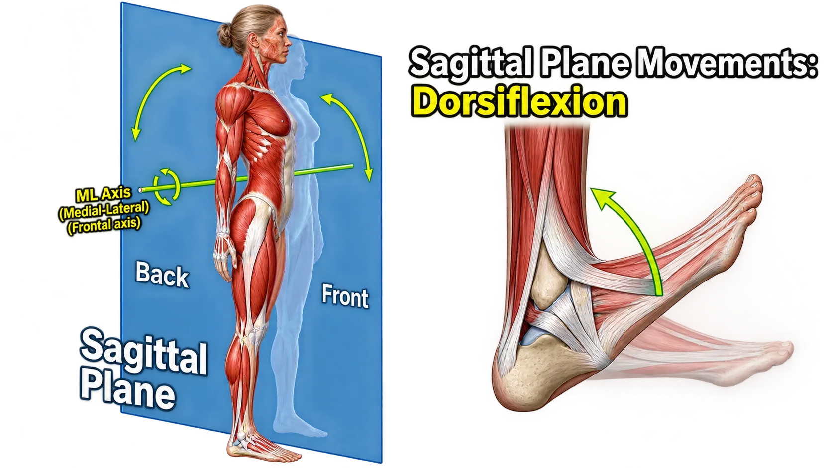 A schematic figure and an ankle illustration showing dorsiflexion in the sagittal plane