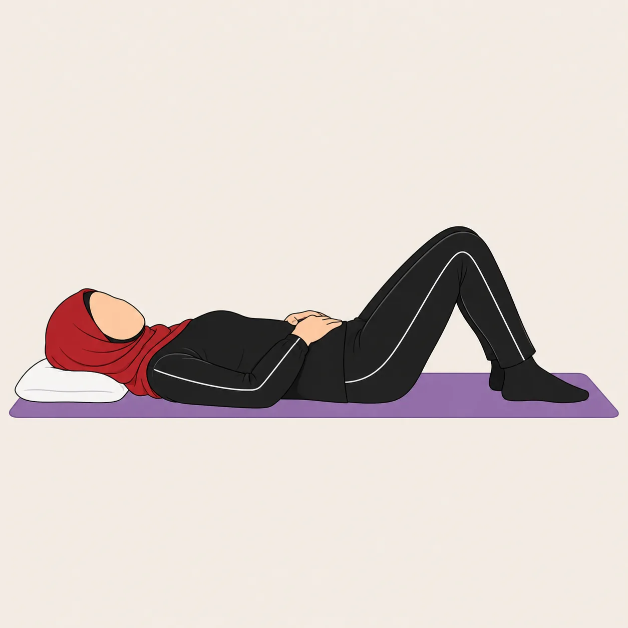 Woman in a red hijab lying on her back with one knee bent and the other leg sliding straight, hands on her lower tummy.