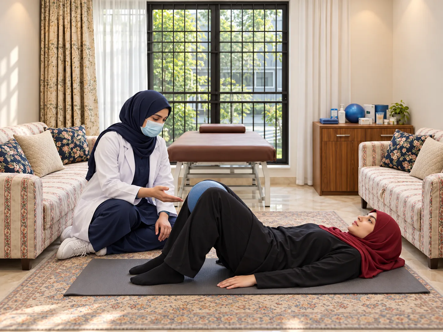 Illustrative image, not a real patient. A female physiotherapist in a navy hijab and white coat sits on the floor beside a woman lying on a mat, explaining the next step with an open hand.